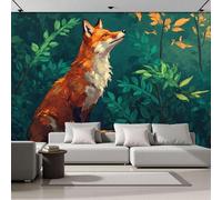 ZISTRCBAO Papier Peint Soie Renard Roux Des Forêts De Pins 200x140cm, Papier Peint Panoramique Style D'Illustration De Conte De Fées, Orange Brûlé Photo Mural Pour Salon Chambre Décor Fond TV Blanc