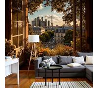 ZISTRCBAO Papier Peint Tour Eiffel Balcon Fleurs Paysage Urbain De Paris Papier Peint Panoramique 300x210cm Tableaux Muraux Photo Décoration Murale Salon Chambre, Brun Doré
