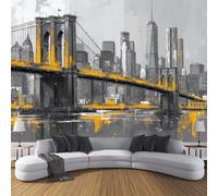 ZISTRCBAO Pont De Brooklyn Papier Peint Panoramique 200x140cm, Papier Peint Soie 3D Bâtiments De La Ville À L'Aquarelle, Mural Poster Tableaux Muraux Pour Salon Chambre Décoration Murale, Jaune