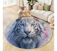 ZISTRCBAO Portrait du Tigre Blanc Tapis Antidérapant Rond, Aquarelle Éclaboussée Tapis Rond De Sol Décoration Lavable pour Salon Chambre Cuisine Balcon Terrasse Salle à Manger (160cm, Blanc)