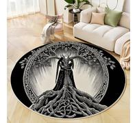 ZISTRCBAO Runes Anciennes Arbre De Vie Tapis Rond Lavable 120cm, Tapis Intérieur Antidérapant Style Fantastique Mystérieux, Puissant Poil Ras Facile à Nettoyer pour Entrée & Cuisine, Noir