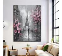 ZISTRCBAO Tableaux Decoratifs Muraux Tour Eiffel Couple Scène De Pluie 40×50 cm, Impression Sur Toile Style De Peinture À L'Huile Rétro, Décoration Murale Pour Salon, Chambre, Cuisine, Gris