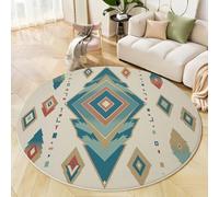 ZISTRCBAO Tapis Losange Aztèque Géométrique Rond 80cm Style Tribal Antidérapants Salon Lavables Tapis Ronds à Poils Courts Ronds Doux Bleu-Vert pour Salon Chambre à Coucher