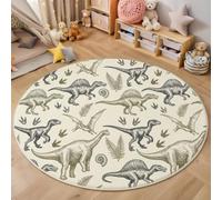 ZISTRCBAO Tapis Rond Animaux Anciens Vintage Salon 120cm | Lavable en Machine pour Salon, Antidérapant, Tapis Dinosaures Ptérosaures Fougères pour Chambre Chambre D’Enfant Nurserie, Blanc Cassé