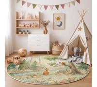 ZISTRCBAO Tapis Rond Animaux Guérisseurs À L'Aquarelle 80cm Lavable en Machine | Renard Écureuil Bouleau Tapis Rond Antidérapant Vert pour Chambre d'enfant Salle De Jeux Descente De Lit