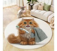 ZISTRCBAO Tapis Rond Chat Orange Et Brosse À Dents, Animal Drôle Et Excentrique Tapis Rond De Foyer D'entrée Lavable Antidérapant pour Salon Chambre Cuisine Balcon Bureau (60cm, Orange)