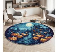 ZISTRCBAO Tapis Rond Château Chauves-Souris Lanternes Citrouilles pour Salon 160cm | Poils Courts Tapis Manoir Hanté d'halloween Lavable et antidérapant pour Salon, Chambre à Coucher, Couloir