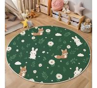 ZISTRCBAO Tapis Rond Daisy Lapin Renard, Animaux De Dessin Animé Simples Lavable en Machine pour Chambre d'enfants Salle De Jeux (80cm, Vert)