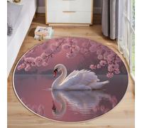 ZISTRCBAO Tapis Rond des Cygnes Près du Lac Aux Cerisiers en Fleurs 100cm, Cercle Tapis Doux Style De Peinture À l'huile Romantique pour Les Zones Très Fréquentées dans Le Salon Et La Chambre, Rose