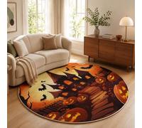 ZISTRCBAO Tapis Rond Orange 100cm, Tapis Salon Lanternes Citrouilles Châteaux Chauves-Souris Lavable | Doux Poil Ras avec Dessin Animé Halloween, Dessous Antidérapant pour Chambre à Coucher, Entrée