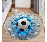 ZISTRCBAO Tapis Rond Percer Le Mur Ballon De Football pour Chambre à Coucher, Effet D'Explosion 3D Tapis Rond Antidérapant Poils Ras Et Doux pour Chambre à Coucher Cuisine Salon Maison (180cm, Bleu)