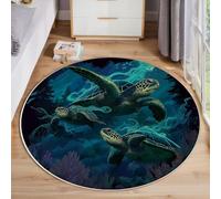 ZISTRCBAO Tapis Rond Salon Tortue De Mer 120cm, Thème De L'Océan Tapis De Salon Rond à Poils Courts, Vert Moquette Antidérapant Lavable en Machine pour Chambre Balcon Terrasse