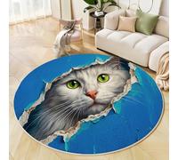 ZISTRCBAO Tapis Rond Trou dans Le Mur Chat Blanc 80cm, Art des Illusions D'Optique 3D Lavable en Machine Tapis Rond pour Salon, Antidérapant, Imprimé pour Salle à Manger, Chambre, Nurserie, Bleu