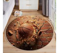 ZISTRCBAO Tapis Rond Un Ballon De Basket Traverse Un Mur De Briques 80cm, Art des Illusions D'Optique 3D Tapis De Sol Décoration Antidérapant Doux Bords Cousus Lavable Bureau Intérieur Décorer