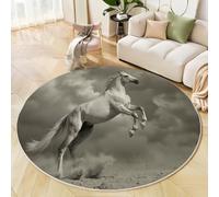 ZISTRCBAO Tapis Rond Un Cheval Blanc Bondissant, Réalisme Animal en Noir Et Blanc Tapis Rond De Foyer D'entrée Lavable Antidérapant pour Salon Chambre Cuisine Balcon Bureau (100cm, Gris)