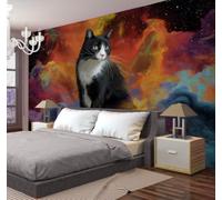 ZISTRCBAO Tapisserie Murale Décorative Avec Nébuleuse Chat Noir Et Blanc -Orange - Décoration Tapisserie Murale Animal Guérisseur De L'Espace - Esthétique Pour Salon, Chambre à Coucher 100x75cm