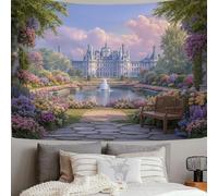 ZISTRCBAO Tapisserie Murales Château De Chambord Jardin 100x75cm, Art Mural Tissu Style De La Cour Française Décorations Murales Pour Salon Chambre à Coucher Vacances, Bleu Clair