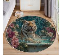 ZISTRCBAO Tigre dans Une Baignoire À Fleurs Tapis Rond 80cm, Animal De La Jungle Tropicale Tapis Rond Intérieur Doux Antidérapant Lavable en Machine pour Salon Chambre Salle à Manger, Turquoise