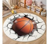 ZISTRCBAO Un Ballon De Basket 3D Qui Traverse Le Mur Tapis Rond 80cm, Abstrait Moderne Tapis De Sol Décoration Doux Antidérapant pour Chambre à Coucher Balcon Errasse Salle à Manger Intérieur, Blanc
