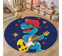 ZISTRCBAO Un Dinosaure Qui Joue De La Guitare Tapis Rond 120cm, Animal De Dessin Animé Amusant Tapis De Sol Décoration Doux Antidérapant pour Chambre à Coucher Balcon Errasse Salle à Manger Intérieur