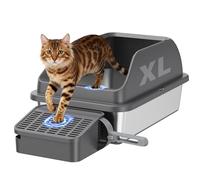 Zivacate Bac à litière pour Chat en Acier Inoxydable (XL, 60×40cm) - Entrée en Pente avec rebords Hauts, Pelle Incluse, pédale, Anti-adhérent et Anti-odeurs, Gris