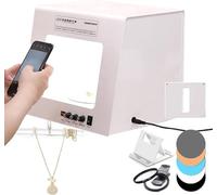 ZIXIAOS Boîte à Lumière Et Boîte à Lumière pour Studio Photo avec Plateau Tournant Automatique Et Support Suspendu, Tente De Prise De Vue à Intensité Variable avec 4 LED Et 5 Plaques De Couleur 20cm
