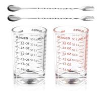 Ziyonix 2 Pcs Tasse à Mesurer en Verre 90ml, Verre Doseur Cocktail avec Échelle de Précision, Transparente Doseur Lait avec 2 Cuillères à Mélanger, Résistant à la Chaleur, pour Bar, Cocktail, Vodka