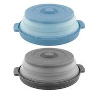 Ziyonix 2 Pièces Couvercle pour Micro Onde avec Plateau Cloche pour Micro Onde avec Trous de Vapeur Couvercle Micro Ondes Pliable Passoire Cuisine pour Fruits et Légume 27cm, Gris+Bleu
