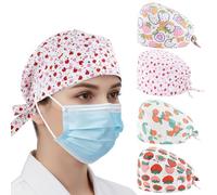 Ziyonix 4 Pièces Calot Chirurgien Femme, Bonnet Gommage Bouffant Colorée Turban Imprimé Couvre-Cheveux Réglable Casquette avec Boutons et Coton Bandeau de Sueur pour Femmes Hommes（Fraise）