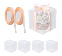 Ziyonix 50 Pièces Boîtes de Faveur Clear avec 2 Rouleaux de Rubans, 7x7x7cm Boite Plastique Cubes, Boite Macarons Transparent, Boîtes de Faveur Clear pour Mariage Anniversaires Fêtes