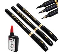 zizitips Set de 3 Stylos de Calligraphie Japonaise et Chinoise, Pinceaux Shodo avec 15ml d’Encre Noire Rechargeable, Brush Pen Fin Moyen Épais pour Écriture Dessin Artistes Débutants et École