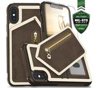 Zizo Nebula Wallet Case - Étui en cuir pour iPhone X avec poches pour cartes + pochette zippée + verre 9H pour l'écran (Marron foncé/Marron)