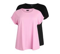 Zizzi Lot de 2 t-shirts en coton pour femme - Grandes tailles - Col rond - Tailles 42-60, Rose givré/noir, 54-56 grande taille