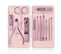 ZIZZON Kit de manucure et pédicure professionnel, 12 pièces avec étui de voyage, ciseaux à ongles en acier inoxydable, coupe-cuticules et outils de beauté, coffret cadeau portable (rose)