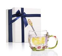 ZJchao Tasse en Verre Artisanal en émail, Poignée de Fleur Attrayante et Conception de Fond avec Cuillère et Chiffon pour le thé de L'après-midi du Banquet de Fête 350 Ml (320ML)