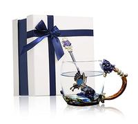 ZJchao Tasse en Verre Artisanal en émail, Poignée de Fleur Attrayante et Conception de Fond avec Cuillère et Chiffon pour le thé de L'après-midi du Banquet de Fête 350 Ml (320ML)