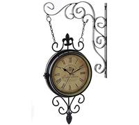 ZJFHEYUO Horloge Murale de Station de Jardin, Horloge Murale Double Face Vintage, Cadre en métal et étanche pour intérieur et extérieur, Maison, Jardin et Cadeau d'anniversaire po