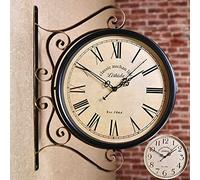 ZJFHEYUO Horloge Murale Double Face, Rotation à 360 degrés, Horloge de Jardin, Horloge Murale rétro étanche pour extérieur, Horloge Murale Vintage à Suspendre pour décoration inté