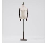 ZJFHEYUO Window Display Female Mannequin Torso Burlap Fabric Manikins Standard Size M Solid Wood Arms Wooden Base