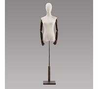 ZJFHEYUO Window Display Female Mannequin Torso Burlap Fabric Manikins Standard Size M Solid Wood Arms Wooden Base