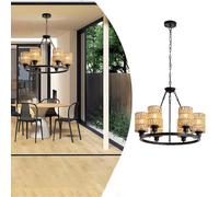 ZJHAHJY Lustre bohème à 6 lumières en rotin tissé à la main à énergie solaire avec télécommandes, hauteur réglable à suspendre pour salle à manger, îlot de cuisine