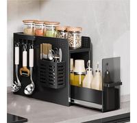 ZJHAHJY Organisateur de comptoir de Cuisine à 2 Niveaux avec tiroir Coulissant pour épices, Support étroit pour Bouteilles d'assaisonnement (Tube à Baguettes à 2 Crochets)