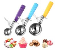 ZJHFC Cuillère à Glace 3 pièces, Cuillère à Biscuits Cuillère à Glace en Acier Inoxydable 18/8 avec Gâchette pour Boule à Glace, Pâtisserie, Boule à Melon, Boulettes de Viande (70mm + 58mm + 40mm)