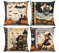 ZJILIXIA 4 Pièces Taie d'oreiller Halloween,45x45cm Housses De Coussin en Lin,Housse De Coussin Fantôme Citrouille,pour Canapé Chambre Salon Décorations d'halloween (Halloween-4)
