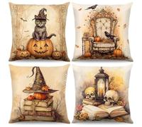 ZJILIXIA 4 Pièces Taie d'oreiller Halloween,45x45cm Housses De Coussin en Lin,Housse De Coussin Fantôme Citrouille,pour Canapé Chambre Salon Décorations d'halloween (Halloween-5)