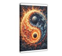 ZJIXAOSD Impression sur toile représentant le Yin et le Yang du soleil et de la lune flamboyants - Équilibre cosmique - Énergie mystique du feu et de la glace - Décoration murale moderne pour salon