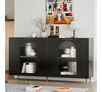 Zjjseloru Armoire d'appoint en bois laqué noir avec 4 portes en verre, buffet serveur, armoire de rangement, pour salon, entrée, couloir, bureau, cuisine et salle à manger