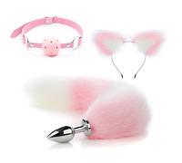 ZJPOJPH Plug anal en acier inoxydable avec queue de renard, serre-tête oreilles de renard, bâillon, ensemble 3 pièces, plug anal, gode anal, boule anale, jouets sexuels for femmes et couples(L)