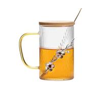 ZKALQECNF Lait Tasses en verre à rayures verticales décorées de fleurs prunier, 450 ml (15,6 oz), borosilicate, avec cuillère et couvercle Boissons