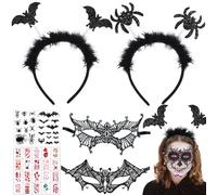 Zkaoai Serre-tête d'Halloween - Serre-tête chauve-souris - Bandeau d'araignée d'Halloween - Masque vénitien pour femme avec autocollants de tatouage d'Halloween - Pour Halloween, carnaval, fête, bal
